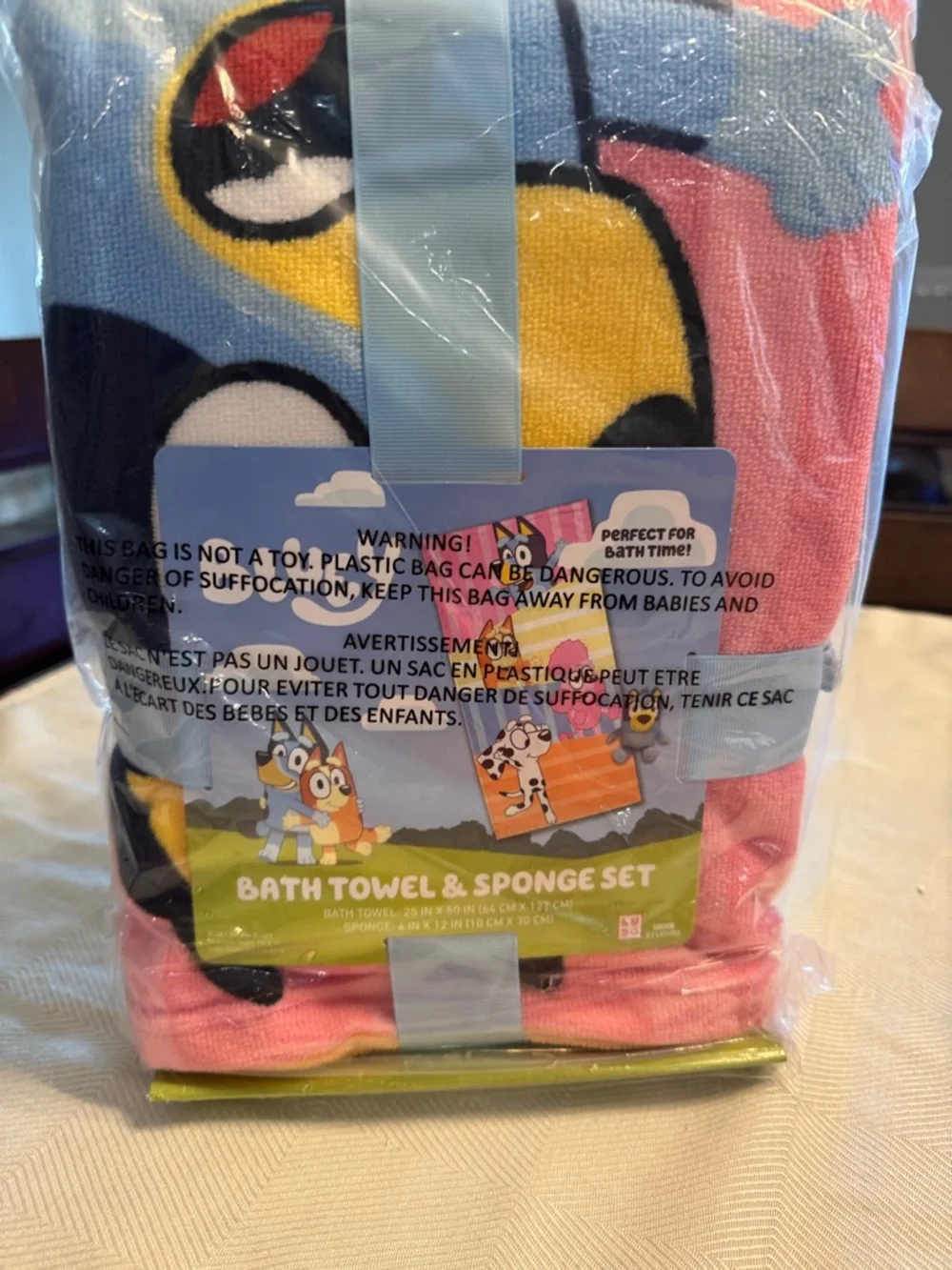 Bluey Bath Towel & Sponge Set with Hooded Plush Character - Blue & Yellow